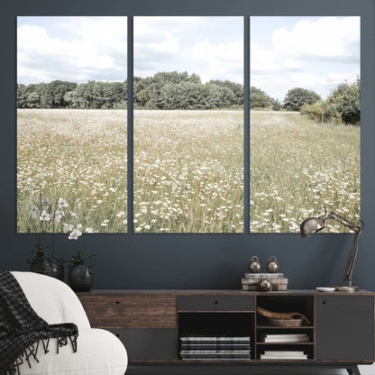 Soft-toned image of a wild daisy field under a cloudy sky, ideal for neutral or Scandinavian-inspired home decor.