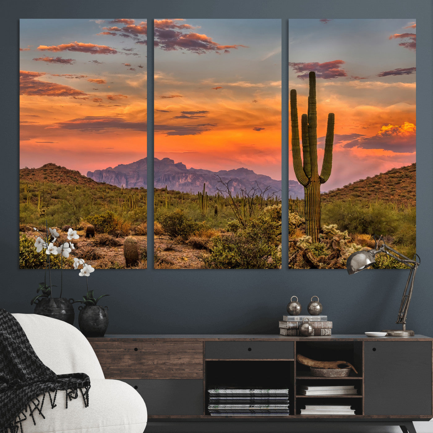 Vibrant desert sunset with saguaro cacti and distant mountains, perfect for Southwestern or warm-toned home decor.