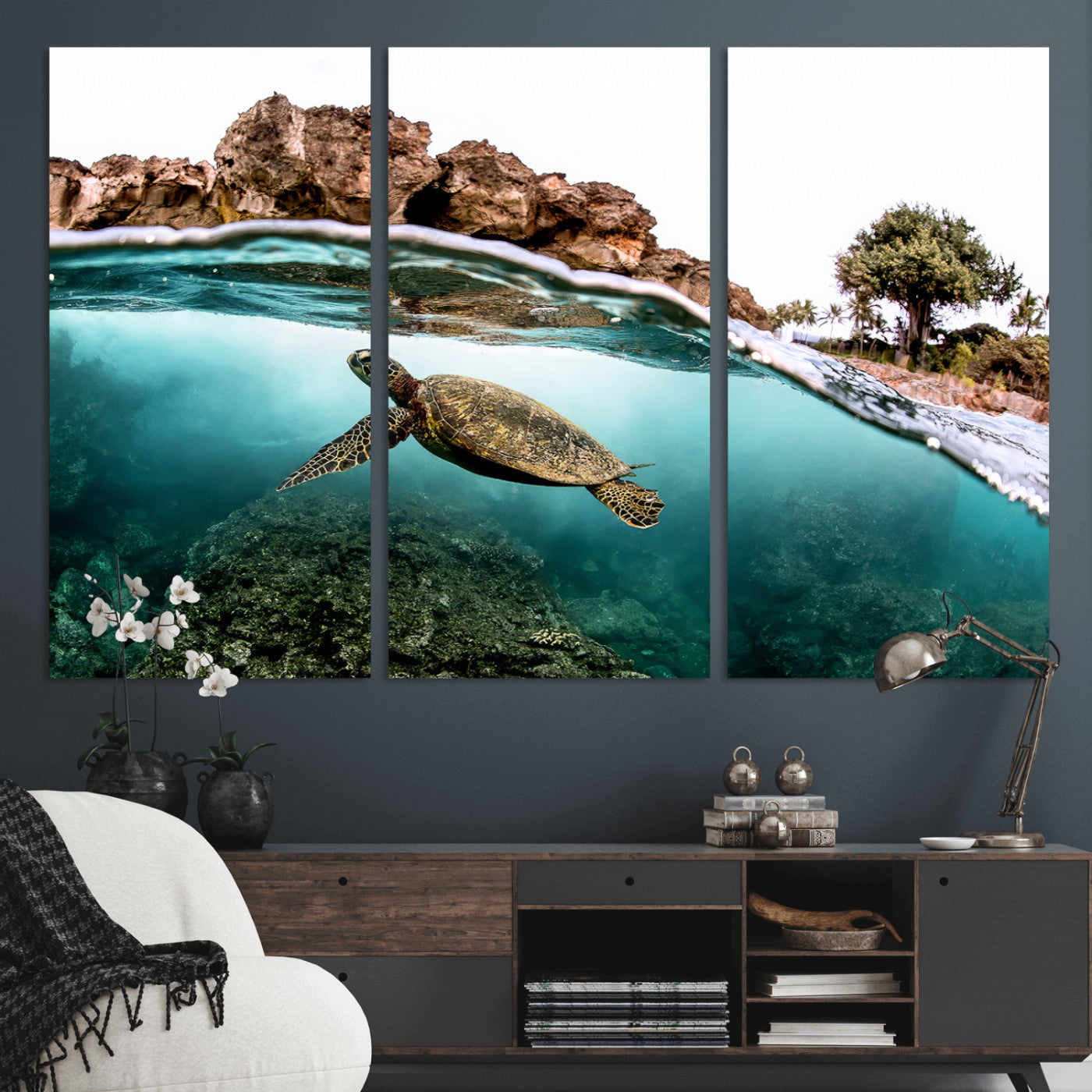 Dynamic split-view photo of a sea turtle swimming near rocky shores, perfect for vibrant coastal or tropical beach home decor.