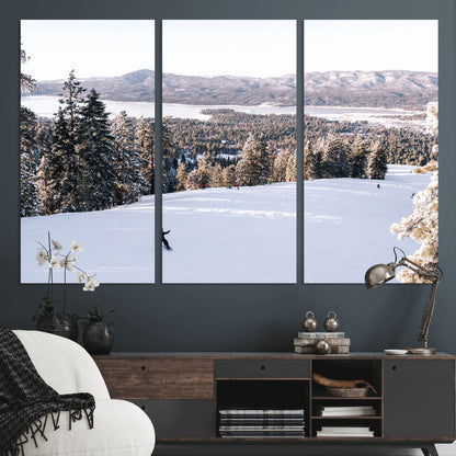Canvas of a snowy mountain ski slope with pine trees and bright winter light, ideal for modern rustic or alpine-inspired home decor.