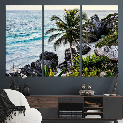 Framed canvas of a vibrant tropical coastline with palm trees, rocky cliffs, and turquoise waters, ideal for tropical coastal home decor.