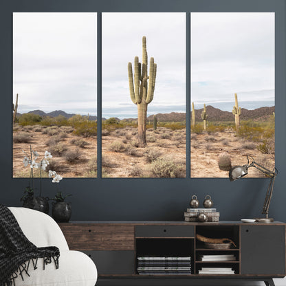 Canvas of a saguaro cactus in an earthy Sonoran desert landscape, ideal for Southwestern Boho or desert minimalism inspired home decor.   2/2