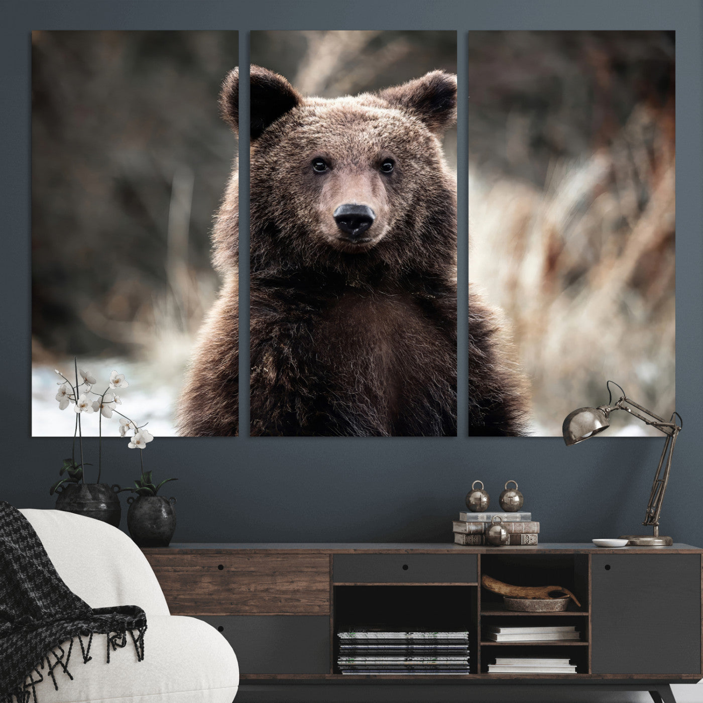 Canvas of a brown bear in soft earthy tones and moody forest light, ideal for rustic cabin or woodland nature-themed home decor.