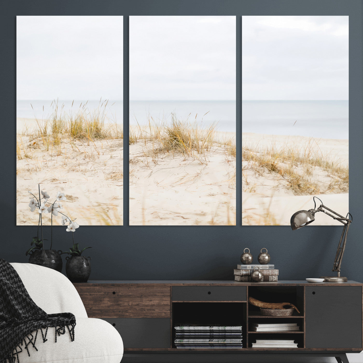 Canvas of soft beach dunes and coastal grasses in neutral tones, perfect for Scandinavian coastal or minimalist nature-inspired home decor.   2/2