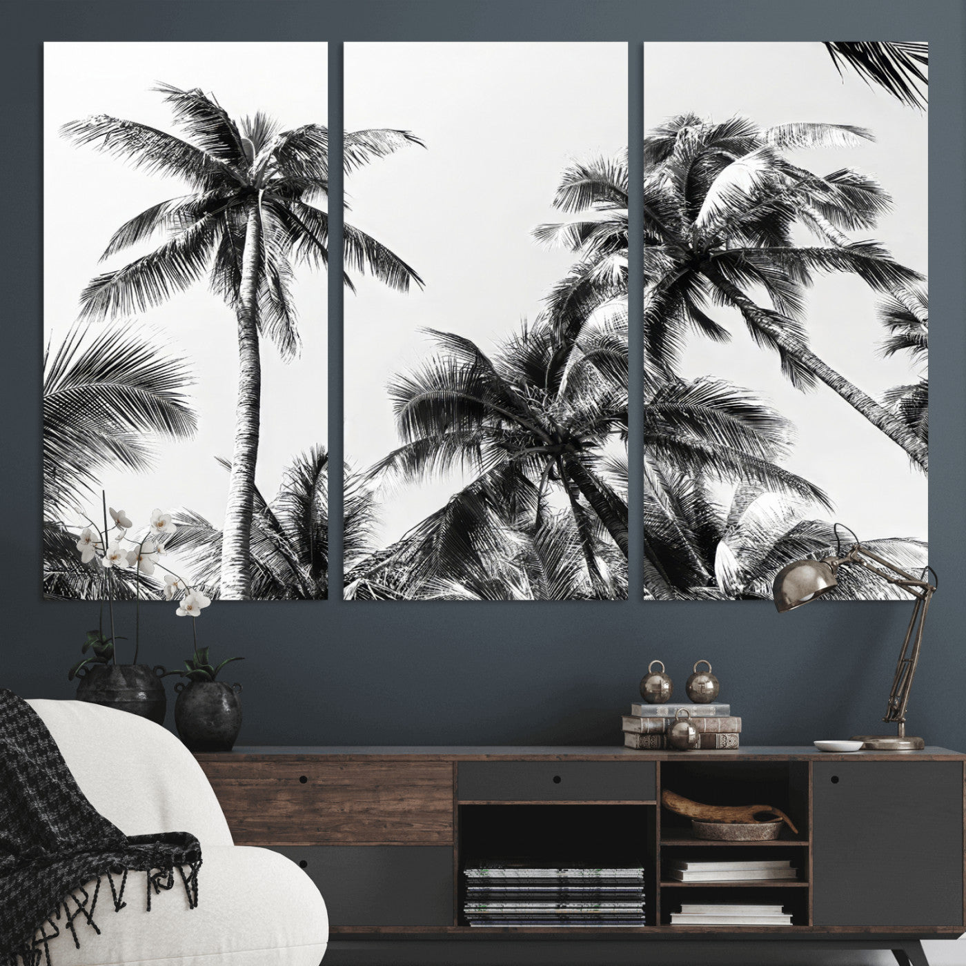 Black and white canvas of tall palm trees in moody tones, perfect for modern tropical minimalist or coastal-style home decor.
