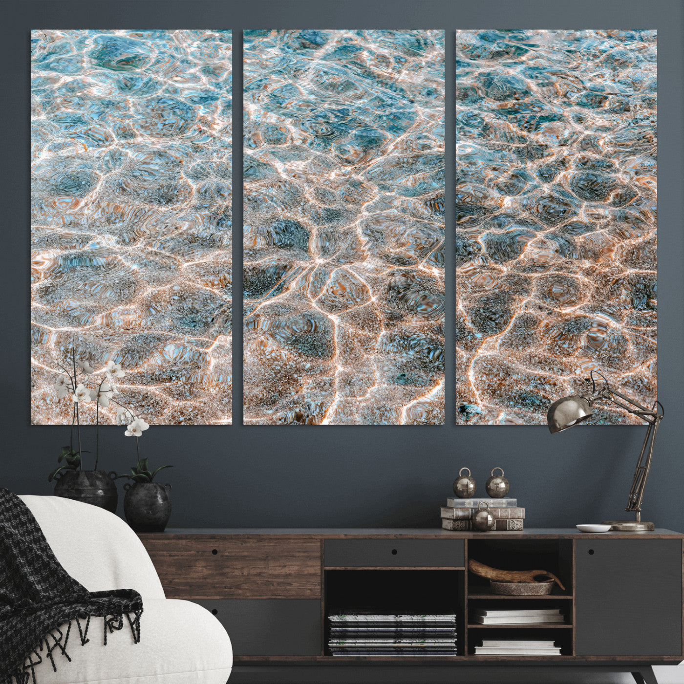 Close-up of sunlit ocean ripples with aqua blue and golden tones, ideal for modern coastal or minimalist home decor.
