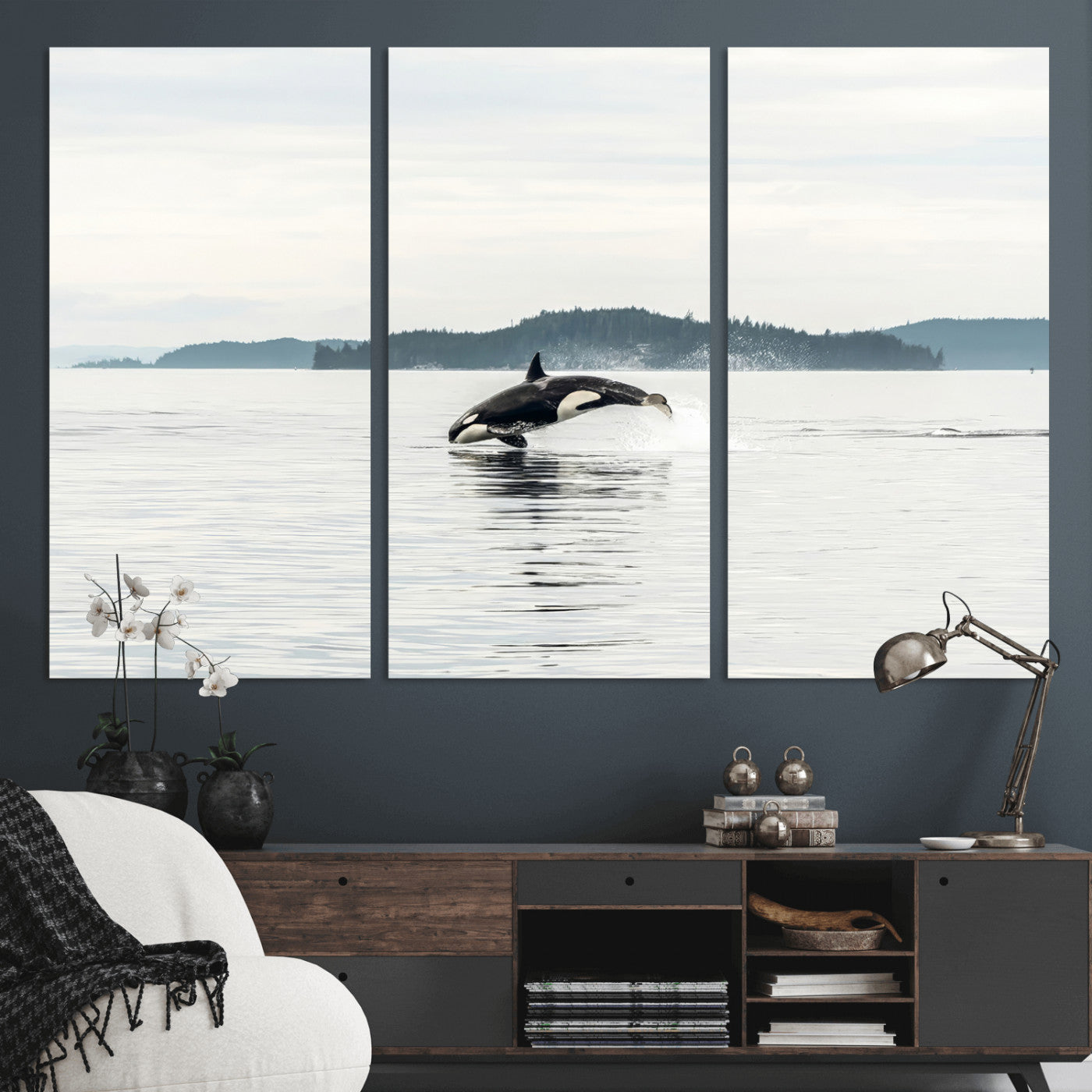 An orca jumping out of calm ocean waters with a misty island in the background, creating a serene and minimalist marine wildlife scene.