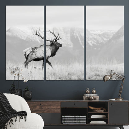 Black and white photograph of a majestic elk standing in a grassy field with snow-capped mountains in the background, creating a bold and rustic wilderness scene.