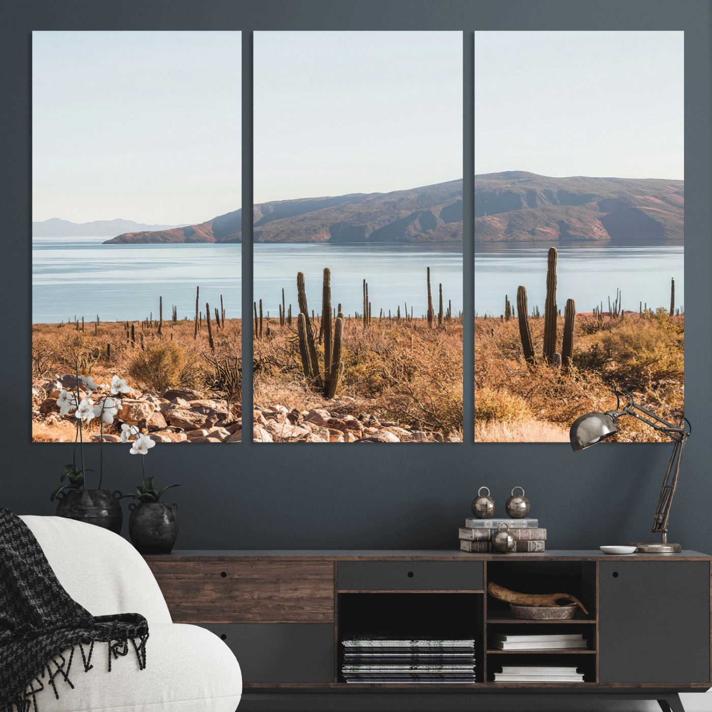 Warm desert landscape with cacti and coastal mountains, perfect for southwestern or earthy calm-themed home wall decor.