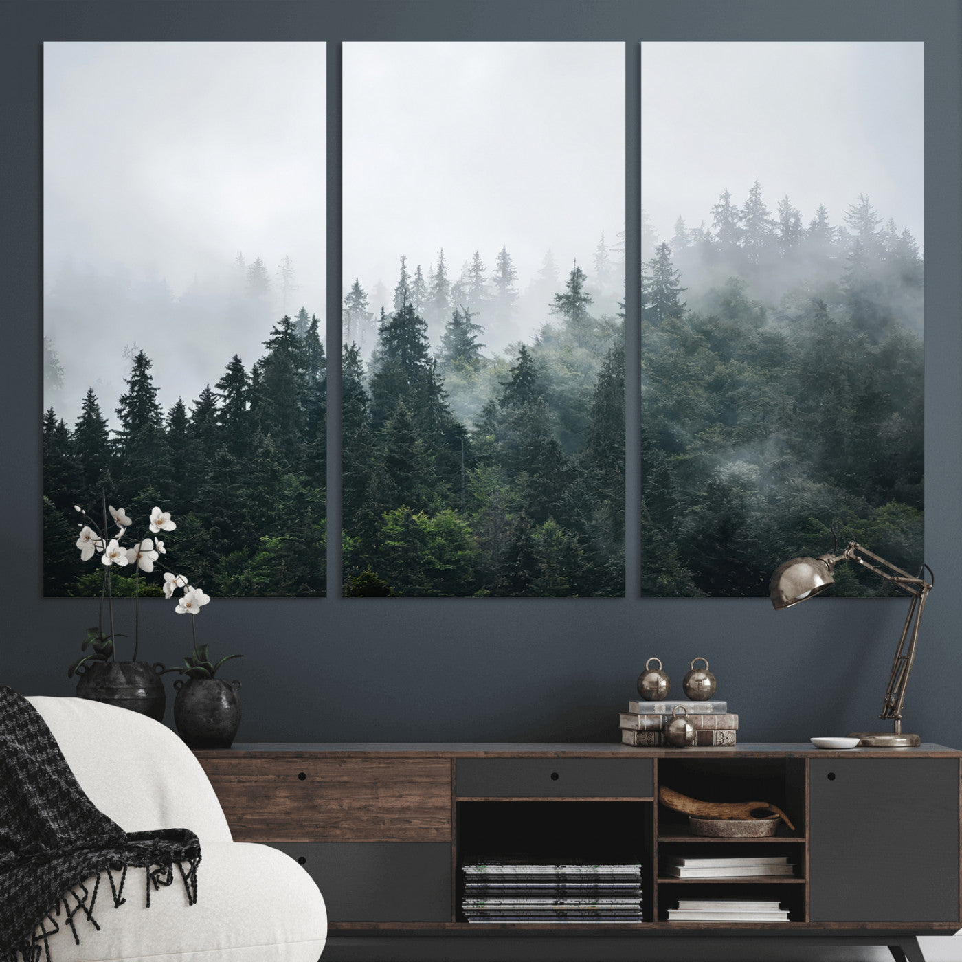 A misty evergreen forest shrouded in soft fog, creating a tranquil and moody landscape with lush green trees fading into the distance.