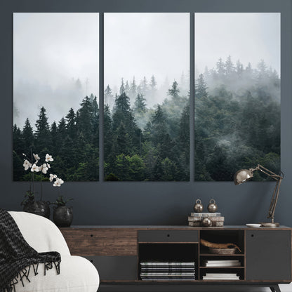 A misty evergreen forest shrouded in soft fog, creating a tranquil and moody landscape with lush green trees fading into the distance.