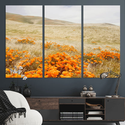 A golden field with vibrant orange poppies blooming across rolling hills under a soft, sunlit sky, creating a warm and rustic landscape.