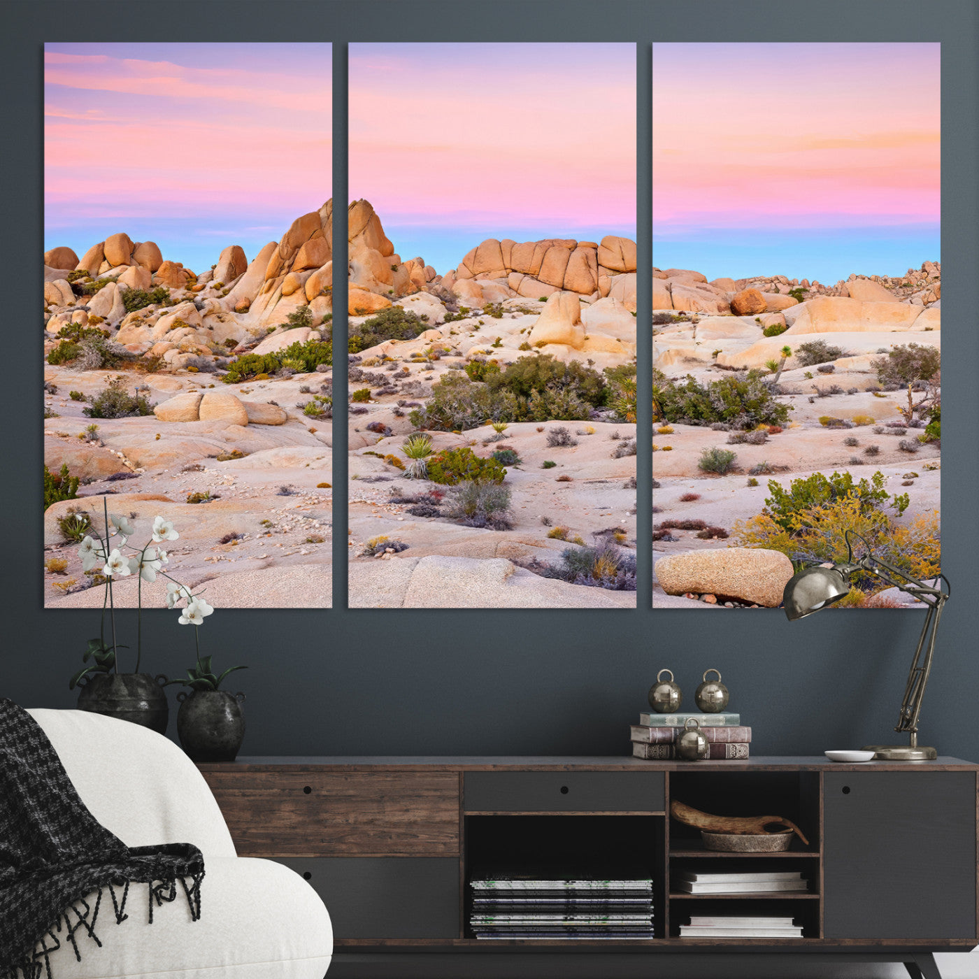 A breathtaking desert landscape featuring rugged rock formations under a vibrant pastel sunset sky, capturing the warmth and serenity of a Southwestern wilderness.