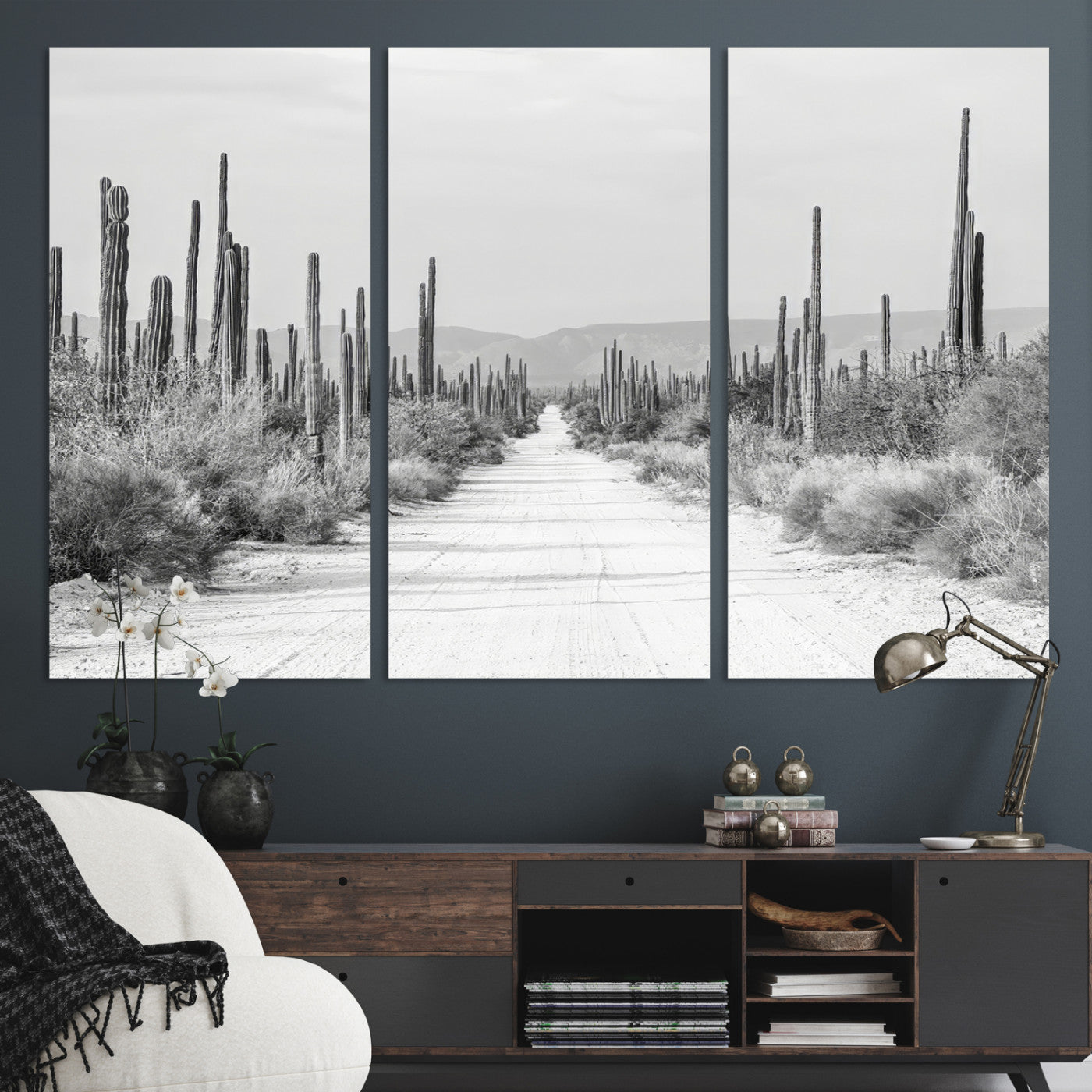 A black and white desert road stretching through a cactus-filled landscape, creating a rugged and timeless southwestern aesthetic with a sense of adventure.