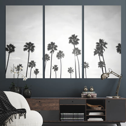 A black and white minimalist scene featuring tall palm trees silhouetted against a bright sky, creating a dreamy and timeless tropical aesthetic.