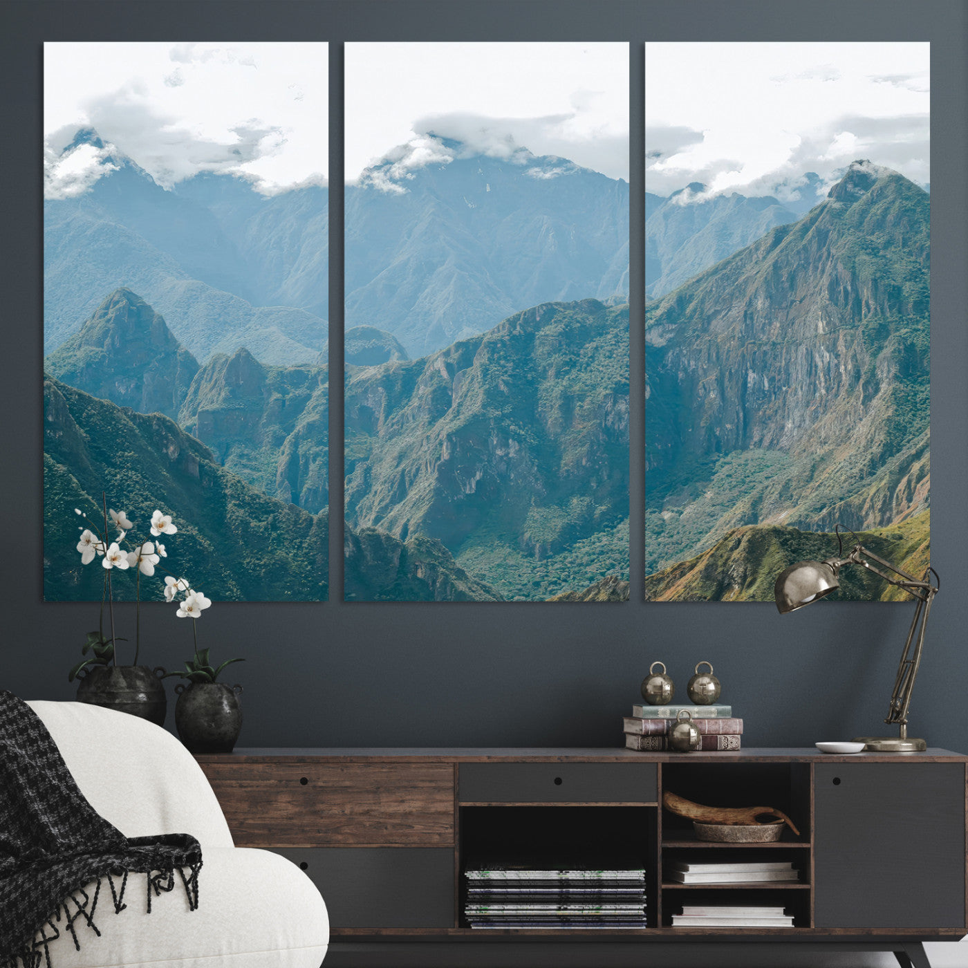 A misty mountain landscape with cloud-covered Andean peaks and lush green valleys, creating a dramatic and serene view, perfect for rustic or nature-inspired home decor.
