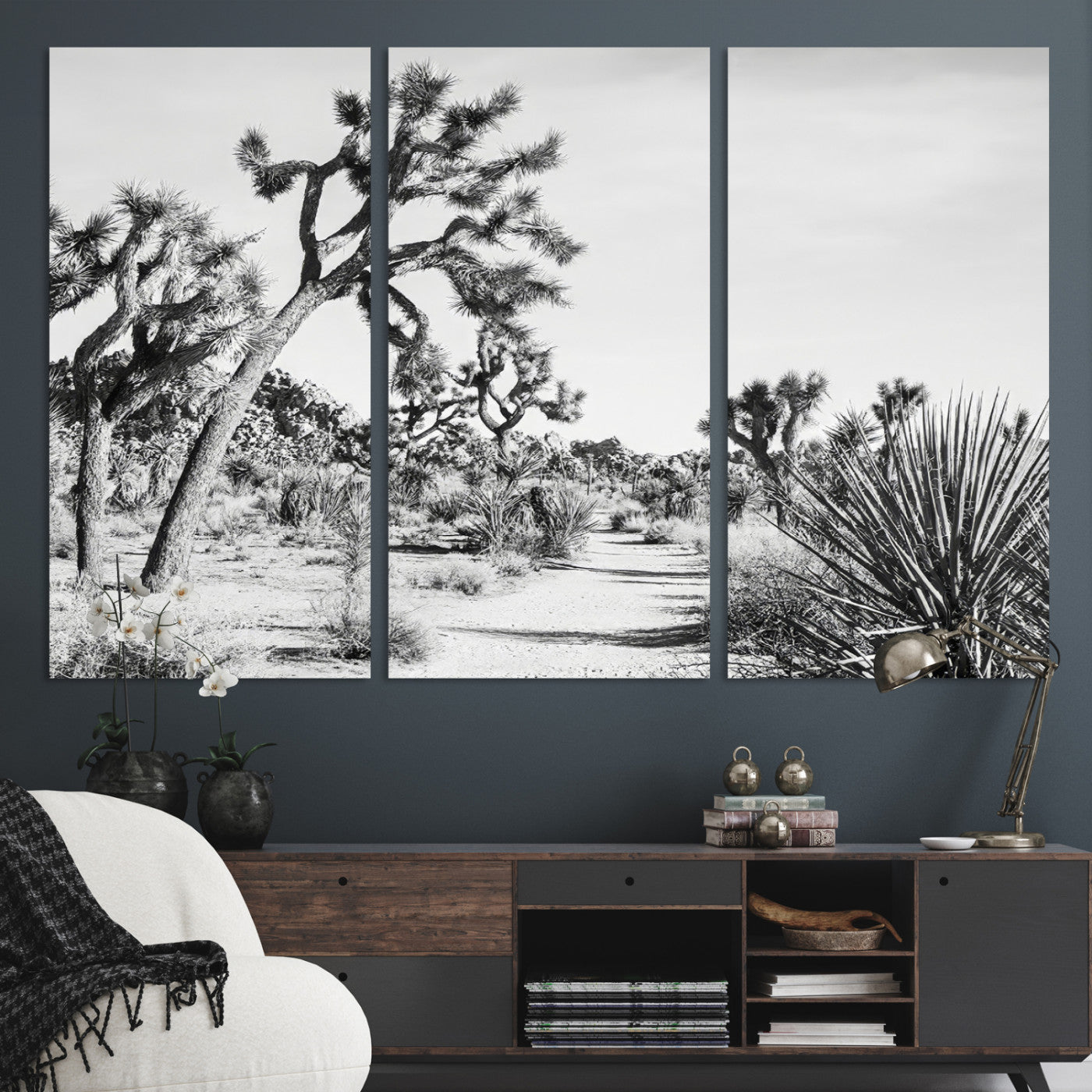 Canvas of a Joshua Tree forest in black and white tones, featuring a desert path and spiky vegetation, ideal for minimalist or rustic decor.