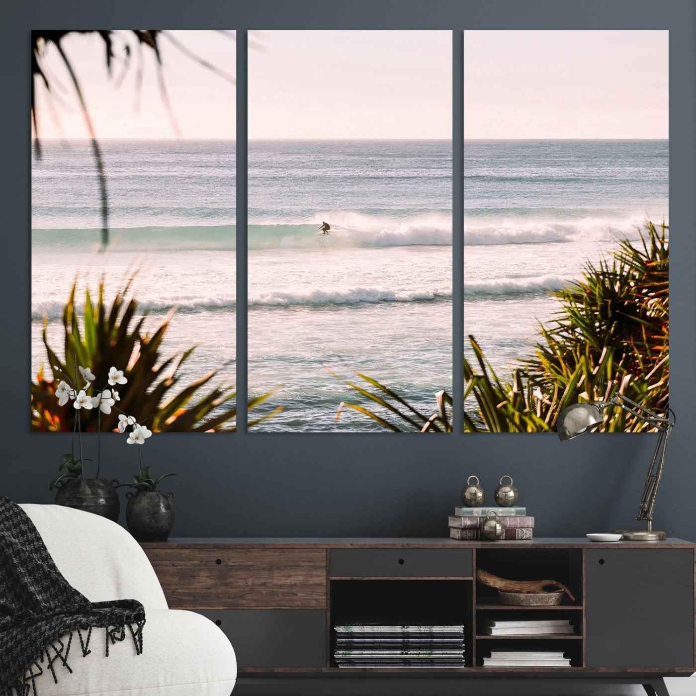 Canvas of a lone surfer riding a pastel wave at sunrise, perfect for tropical or coastal-themed spaces with a relaxed, airy vibe.