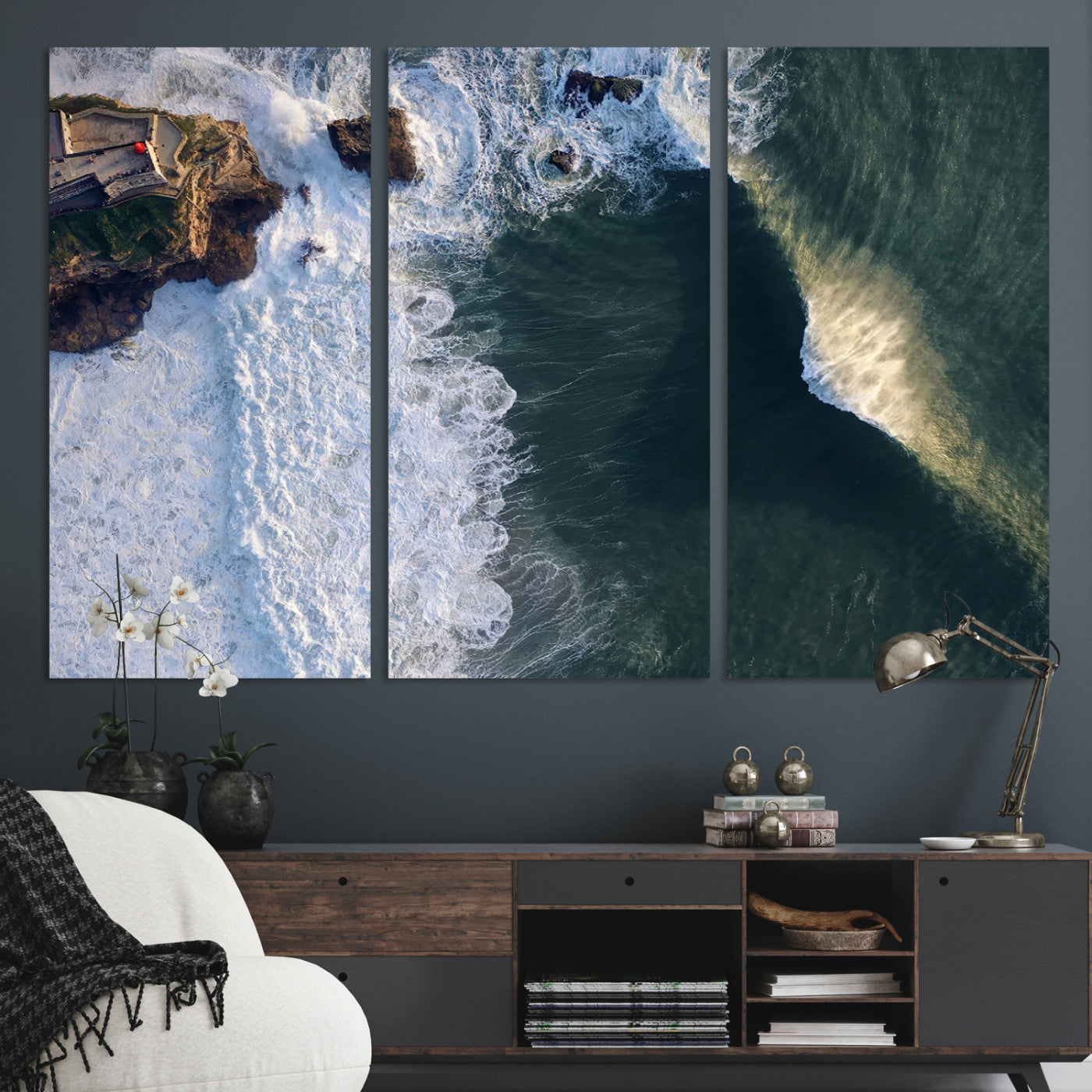 Canvas showing an aerial view of crashing waves along the Nazaré coastline, perfect for dramatic coastal or ocean-themed home decor.