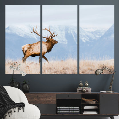 An elk walking on snowy grassland with majestic mountains in the background, ideal for rustic lodge or cabin wall decor.