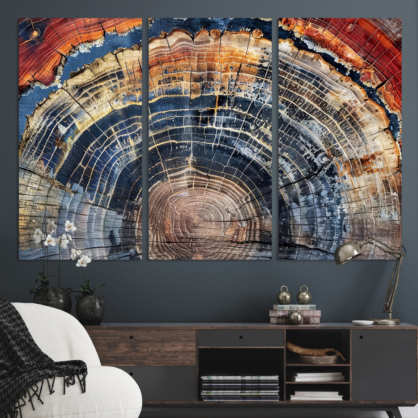 Vibrant tree ring with orange, brown, and blue tones in abstract detail, perfect for rustic or boho-inspired wall decor.