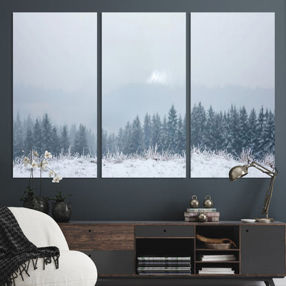 Snow-covered forest under misty sky, soft light breaking through clouds, ideal for minimalist or Nordic-inspired home decor.
