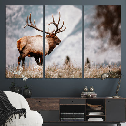 Majestic elk with large antlers standing in grass with snowy mountains in background, perfect for rustic cabin or lodge style decor.