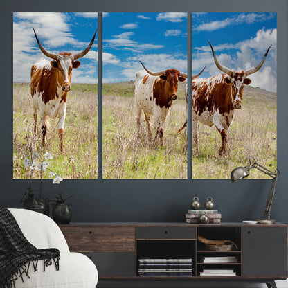 Three Texas longhorn cattle standing in dry grass under a bright blue sky, ideal for farmhouse or western rustic home decor.