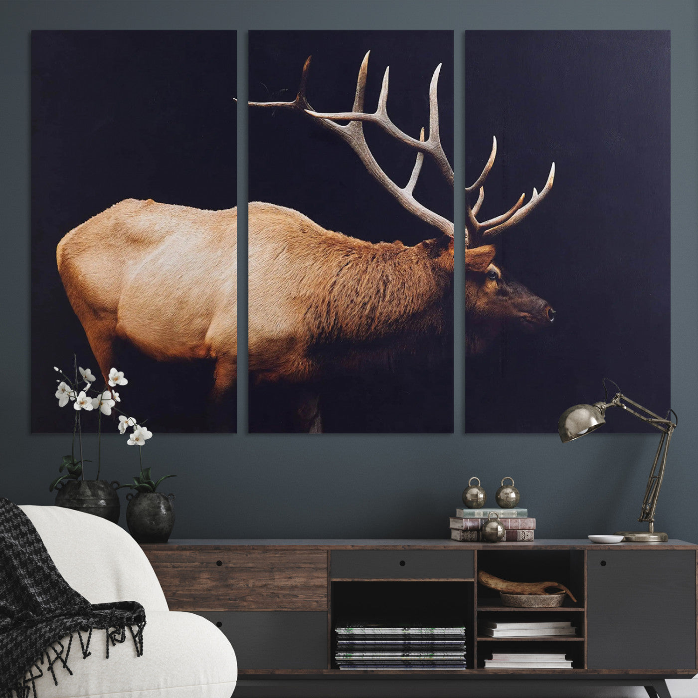 Side view of a majestic elk with large antlers against dark background, perfect for rustic lodge or cabin style home decoration.