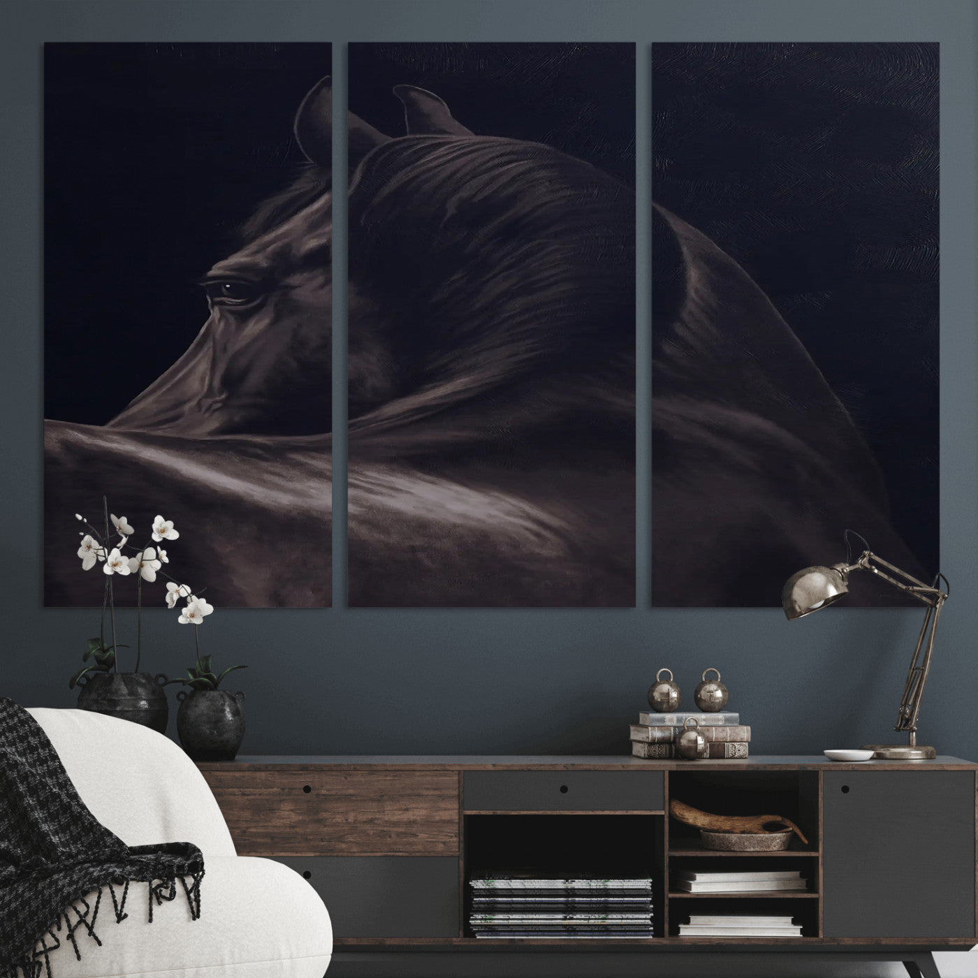 Close-up of a black horse with dramatic lighting on a dark background, perfect for rustic or masculine home decor.