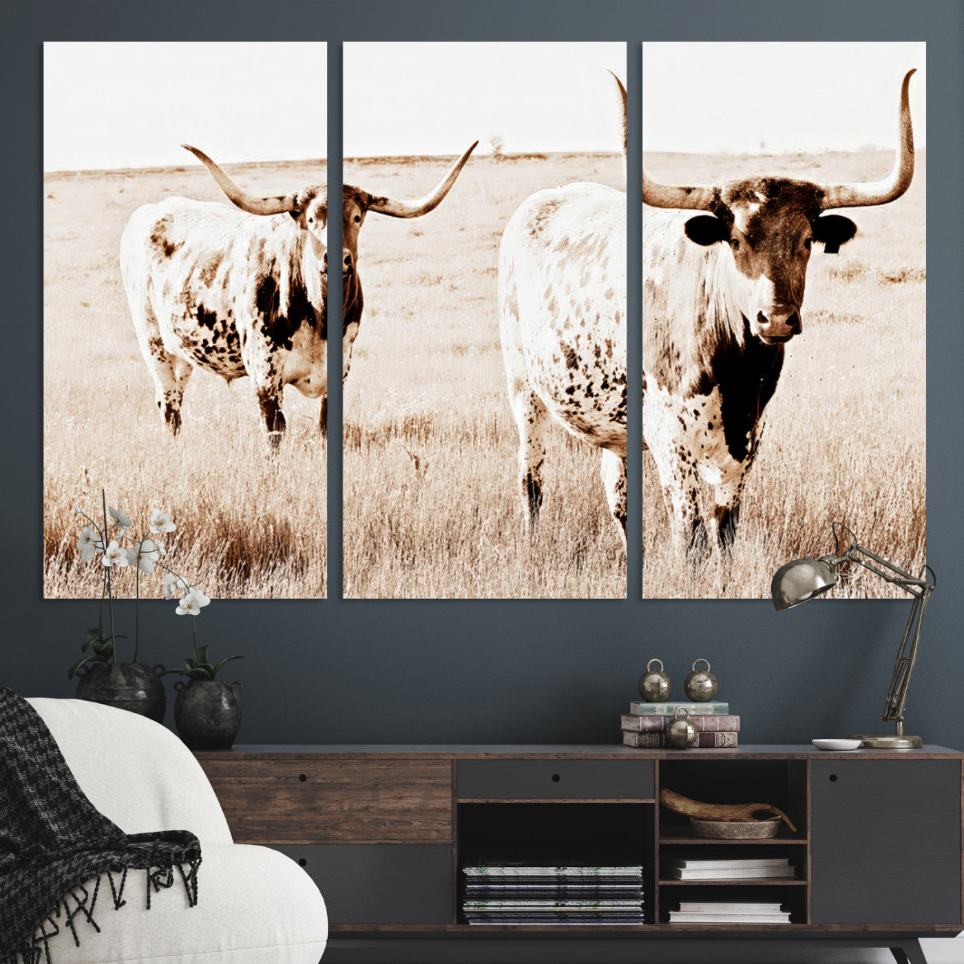 Two Texas longhorn cows standing in a sepia-toned pasture, evoking rustic charm perfect for farmhouse or western country interiors. (