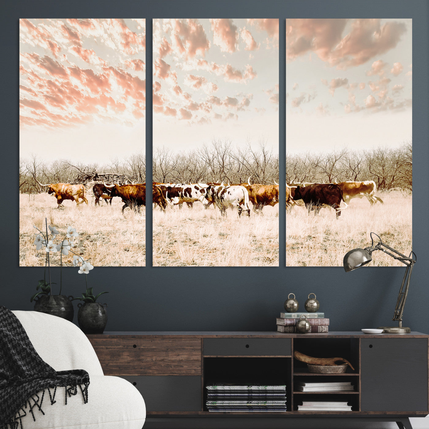 Cattle herd in a soft-toned field under a pastel pink sky, creating a peaceful rustic feel, perfect for farmhouse or western-themed spaces.