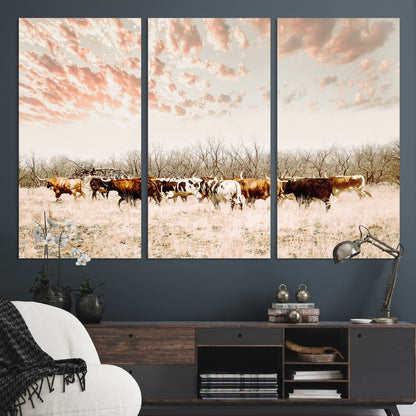 Cattle herd in a soft-toned field under a pastel pink sky, creating a peaceful rustic feel, perfect for farmhouse or western-themed spaces.