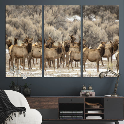 A large herd of elk standing in an open field with soft earthy tones, ideal for rustic lodge or western-themed home wall decor.