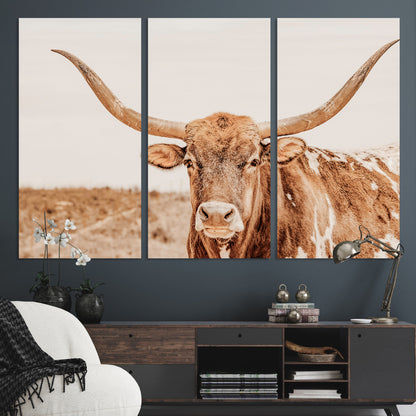 A longhorn bull standing proudly in a sunlit desert field with warm neutral tones, ideal for rustic western or farmhouse interiors.