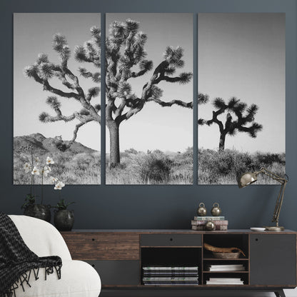 Black and white Joshua trees in a rugged desert landscape, creating a calm and minimalist feel for natural or rustic-themed interiors.