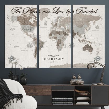 88245481-MGV-CV-36X24-Custom Push Pin World Map Wall Canvas Print – Personalized Travel Tracker with Pins – Framed Large Multi-Size Canvas for Home Office Decor
