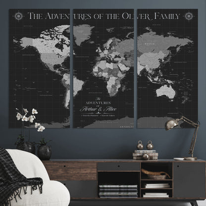 58711315-MGV-CV-36X24-Custom Push Pin World Map Wall Canvas Print – Personalized Travel Tracker with Pins – Framed Large Multi-Size Canvas for Home Office Decor