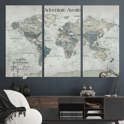 Customize Push Pin World Map Wall Canvas Print – Personalized Travel Tracker with Pins – Framed Custom Quotie Canvas for Home Office Decor