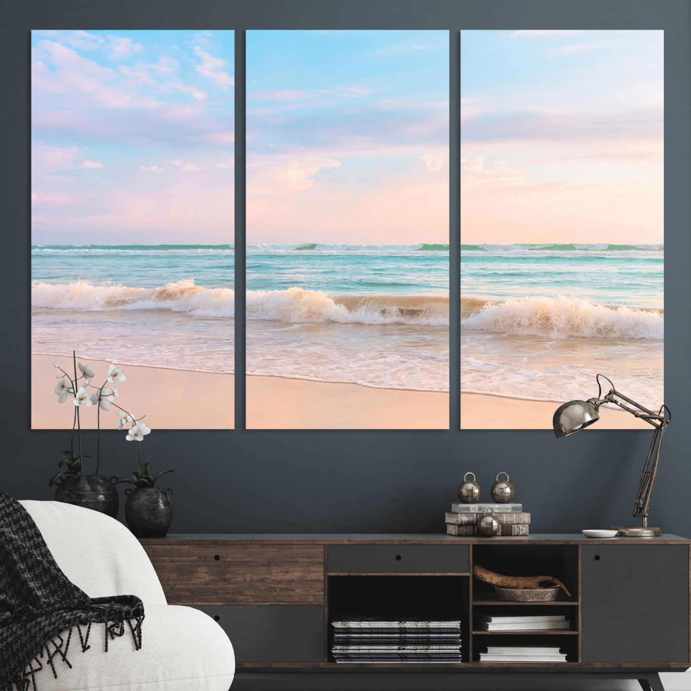 A peaceful beach scene with soft pastel skies, gentle waves washing up on the sandy shore, creating a calm and serene ocean view.