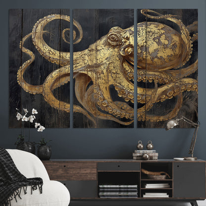 A detailed gold illustration of an octopus on black wooden planks, showing its intricate tentacles and textured skin in an artistic style.