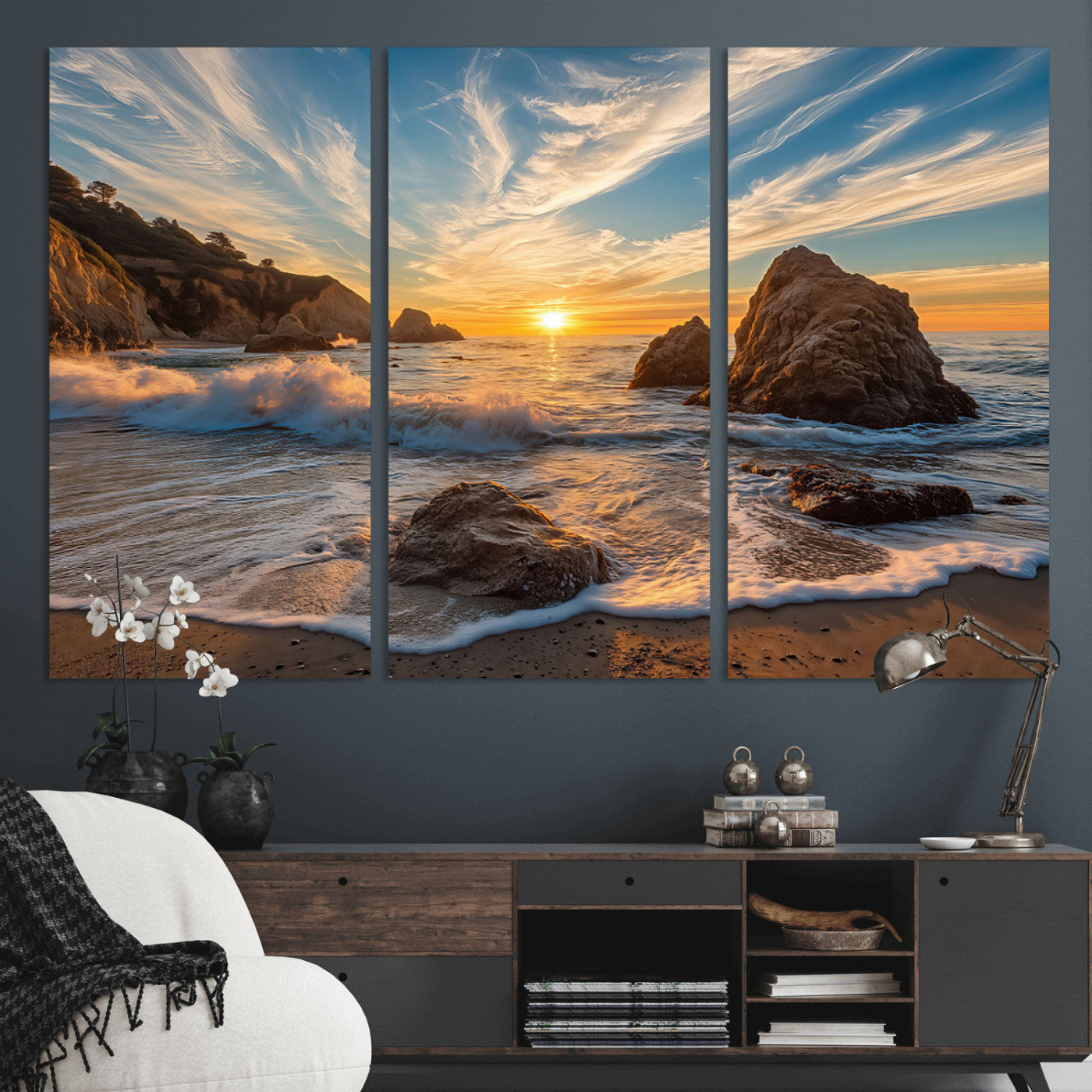 Rocky Ocean Sunset Wall Art Print, Seaside Canvas Wall Art, Dramatic Seascape Canvas Print for Coastal Modern Decor, Ocean Sunset Art Printing
