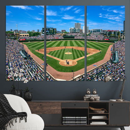 A wide-angle shot of a baseball field filled with spectators, with players on the field and the iconic Wrigley Field scoreboard in the background.
