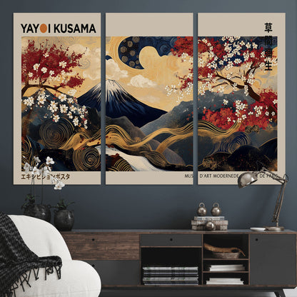 Yayoi Kusama's artwork featuring Mount Fuji, blooming cherry trees, and intricate swirls, blending traditional Japanese elements with vibrant color.