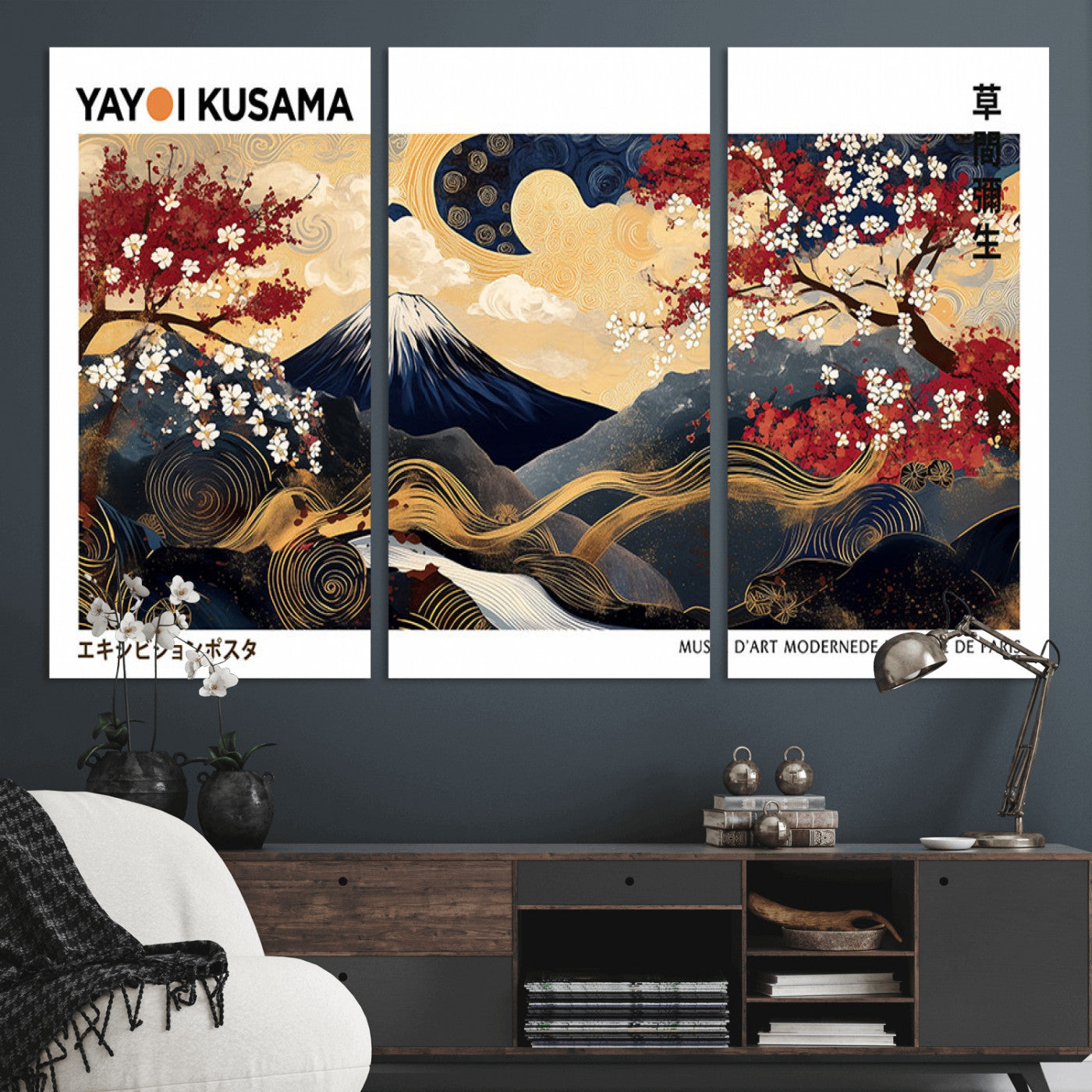 An artwork by Yayoi Kusama featuring Mount Fuji, blooming cherry blossoms, and swirling patterns in a harmonious blend of nature and art.