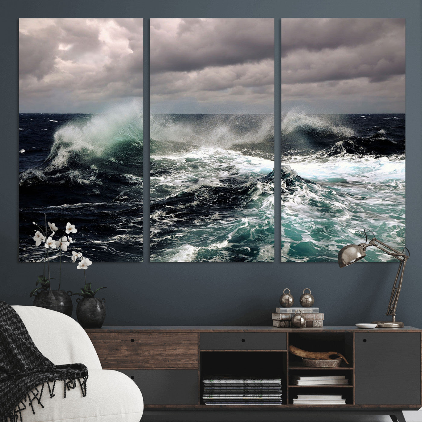Powerful ocean waves crashing under stormy skies, creating a dynamic and intense seascape.