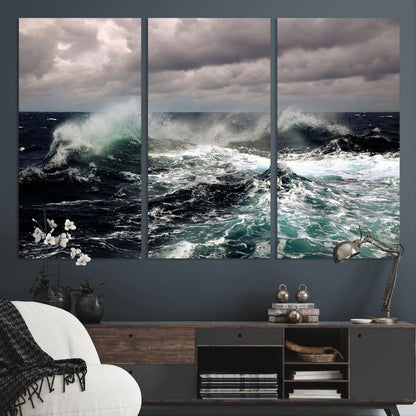 Powerful ocean waves crashing under stormy skies, creating a dynamic and intense seascape.