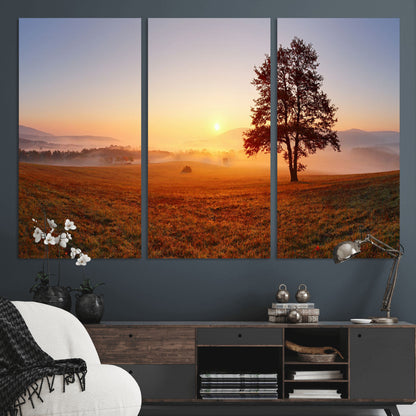 A tranquil landscape at sunrise with a mist-covered field and a lone tree, creating a peaceful and natural atmosphere.