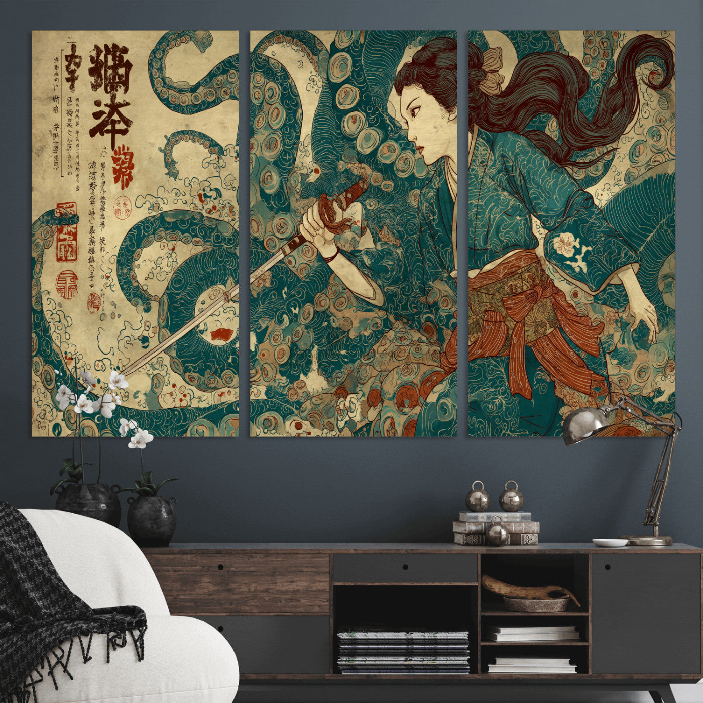 Tsukioka Yoshitoshi Samurai Wall Art Print, Japanese Katana Warrior Canvas Wall Art, Octopus Sea Monster Canvas Print,