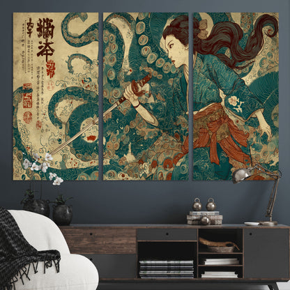 Tsukioka Yoshitoshi Samurai Wall Art Print, Japanese Katana Warrior Canvas Wall Art, Octopus Sea Monster Canvas Print,